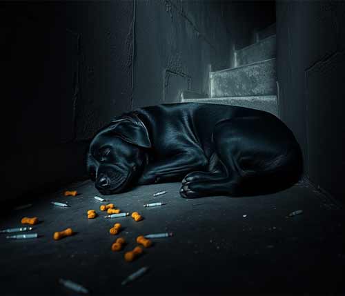 Cold drug user camps with dog in church basement entry.